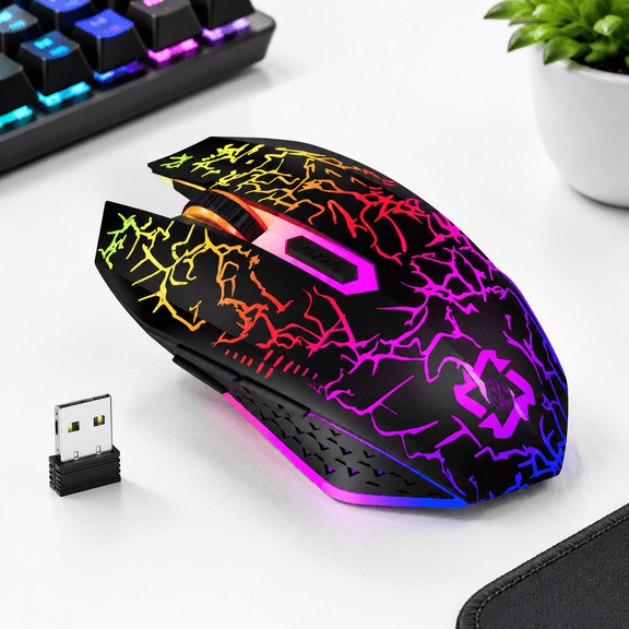 Black Wireless Gaming Mouse RGB Rechargeable Silent 6 Button 3-Level DPI