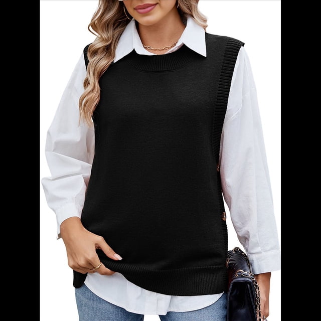 Suéteres de Punto para Mujer, Cuello Redondo, Lazo, Color Liso, Botones y Abertura Lateral, 2025 Negro S