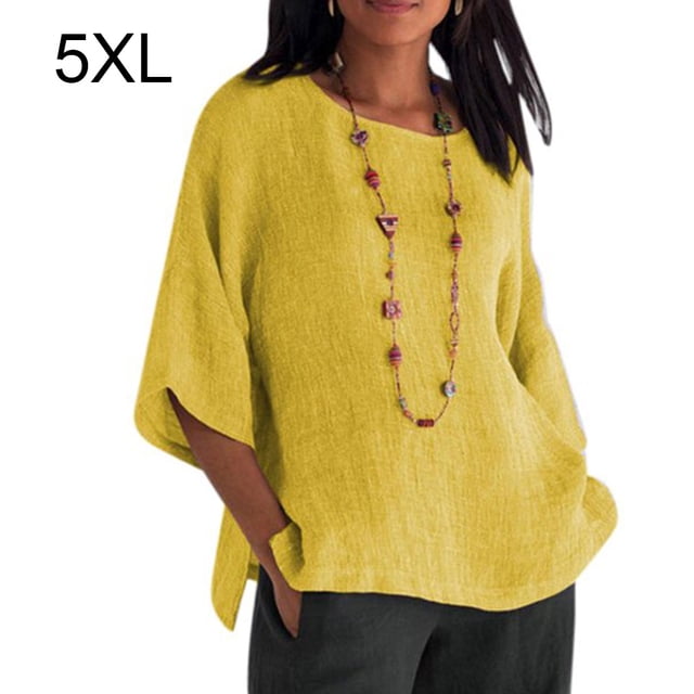 Ropa de mujer Camisa de cuello redondo de manga 3/4 Top casual de lino de algodón, Amarillo, 5XL Methold AP002239-08