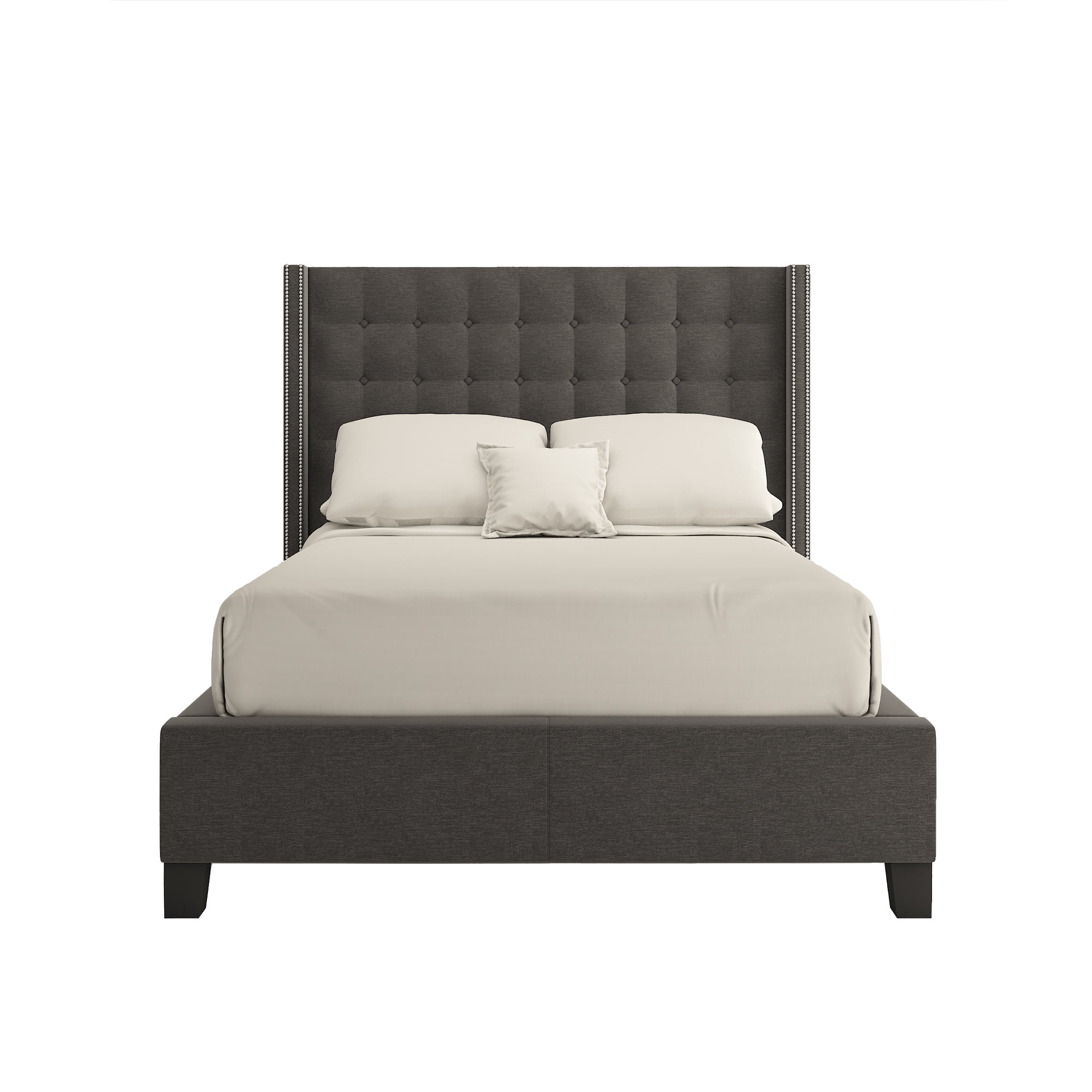 Weston Home Curtis I Upholstered Queen Bed with Wingback Nailhead Headboard, Dark Gray