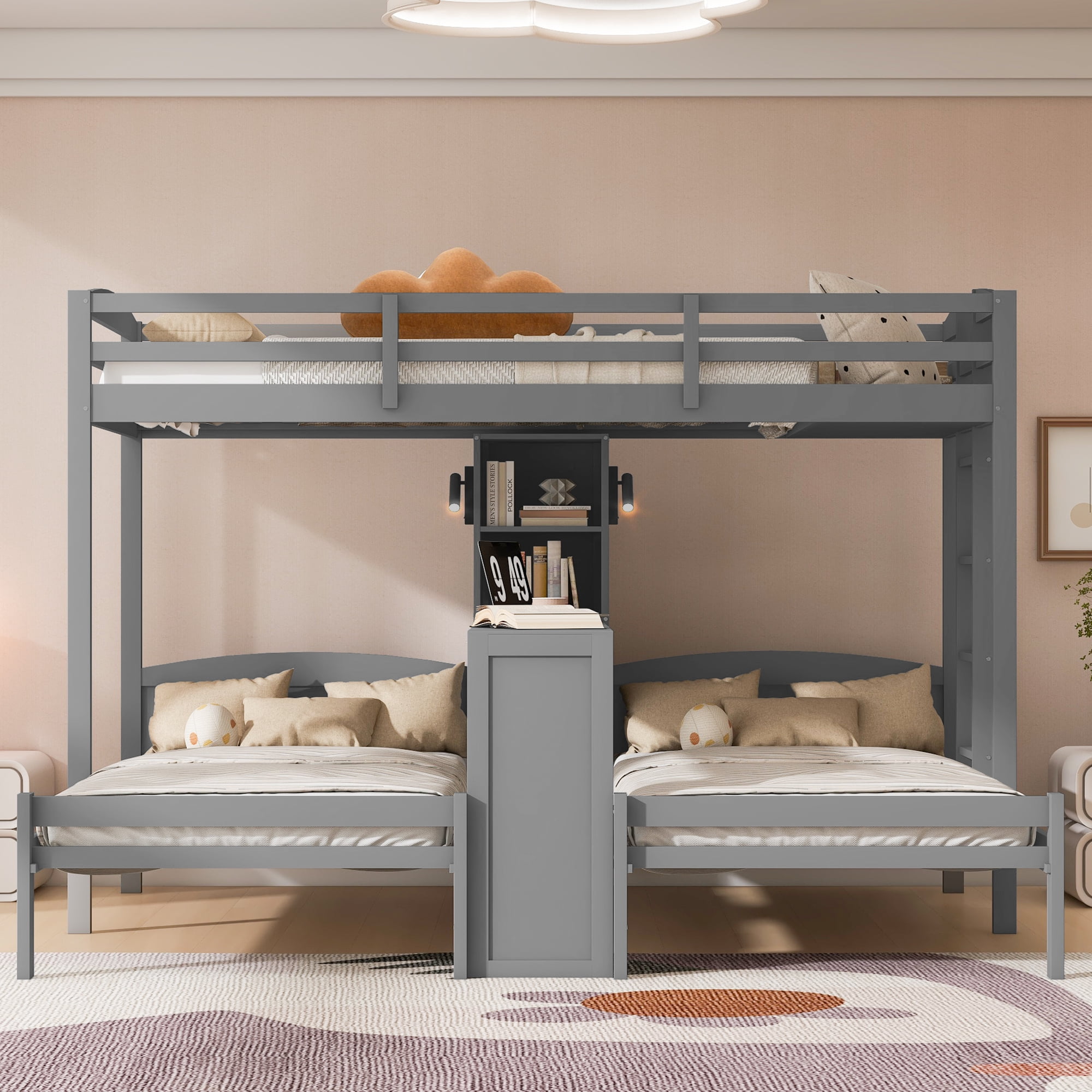 Mintazer Twin over Twin over Twin Bunk Bed with Desk, Bunk Bed with Reading Lamp and Storage Shelves, Gray