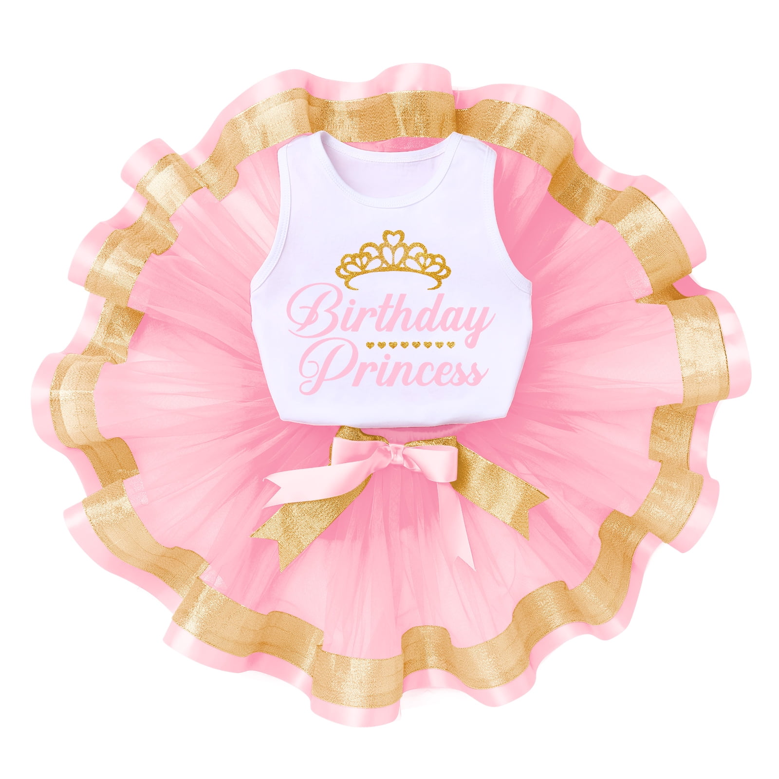 IBTOM CASTLE Toddler Baby Girls Princess Birthday Outfits Sleeveless Printed Vest Tops+Tulle Tutu Dress+Flower Crown Party Clothes 4-5 Years Pink