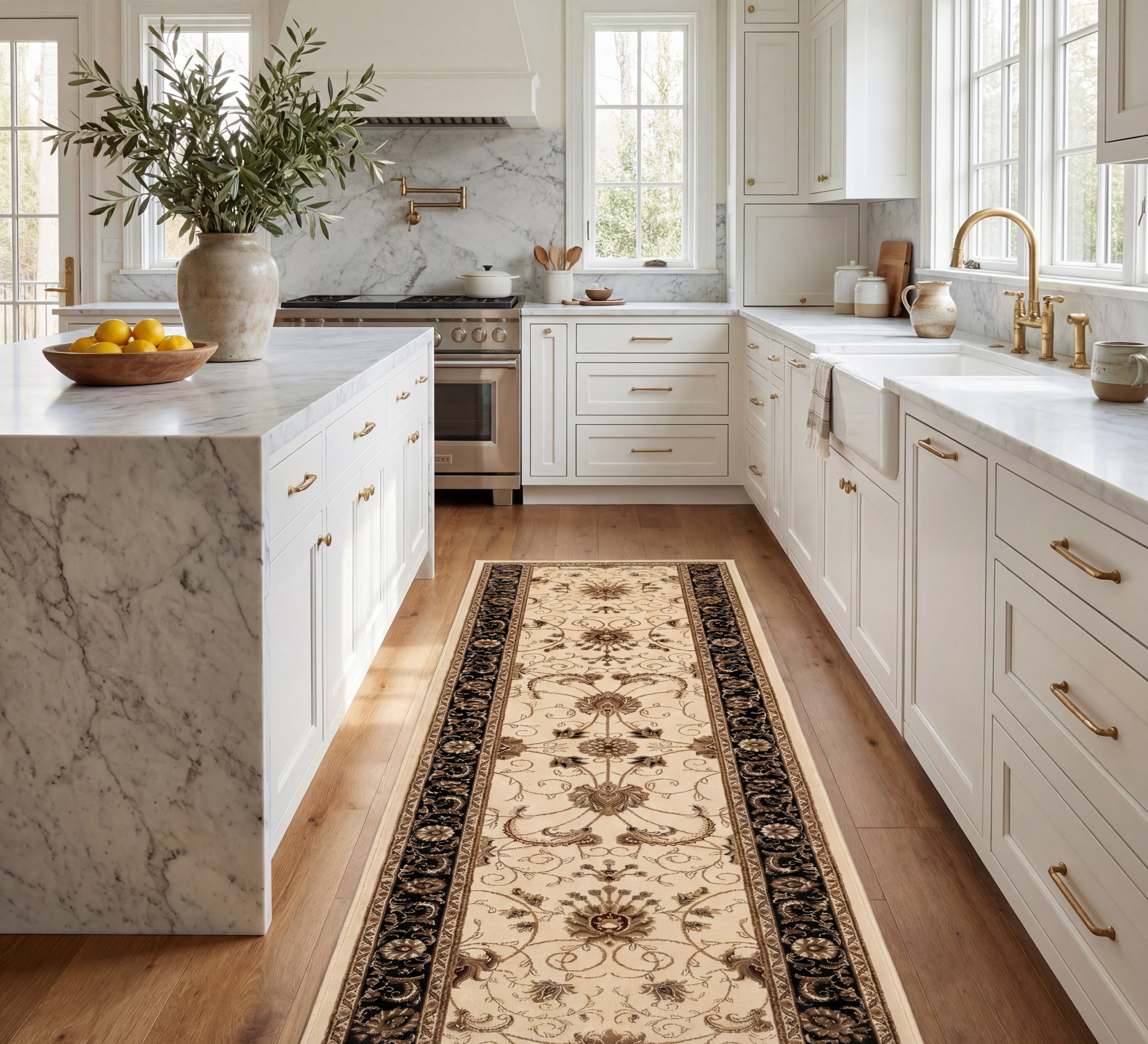 Rug Branch Majestic 2' x 18' (Exact Size: 2'3" x 18') Persian Indoor Runner Rug, Beige Black, Traditional - Entryway, Hallway, Bathroom, and Kitchen