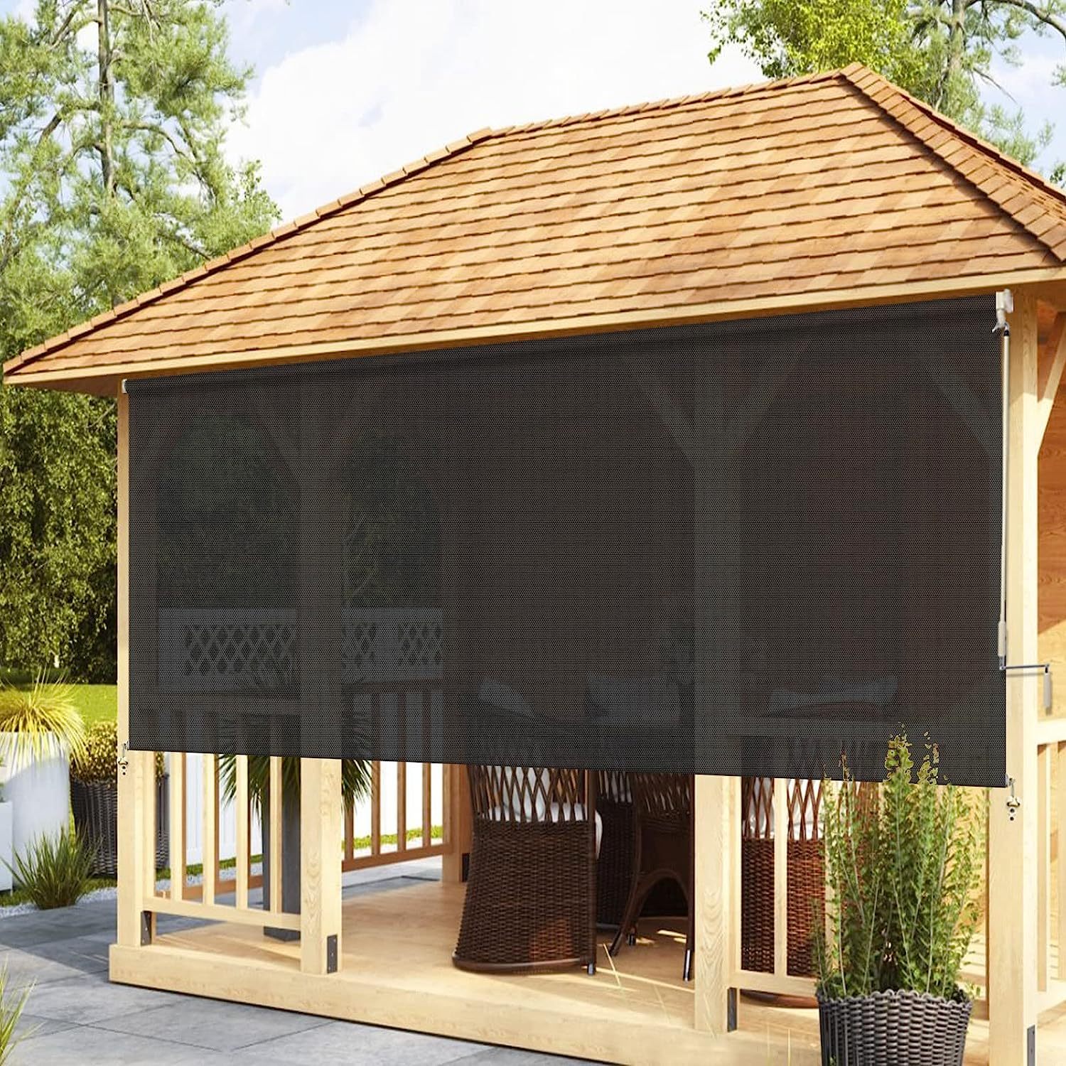 FulnKye Outdoor Shades, Waterproof Cordless Exterior Crank Operated Solar Shade, Roll Up Shade