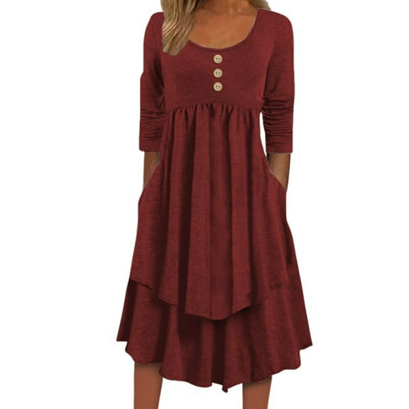 SHTXOZHI Casual Dresses for Women Fall Long Sleeve Crewneck A-Line Ruffle Midi Dress with Pockets