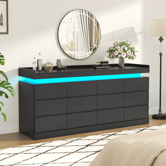 Black Faux 12-Drawer Dresser for Bedroom, Dresser with Power Outlet and LED Light, Modern Chest of Drawers for Closet, Double Wide 6-Drawer Organizer Cabinet, Living Room – STIKELY