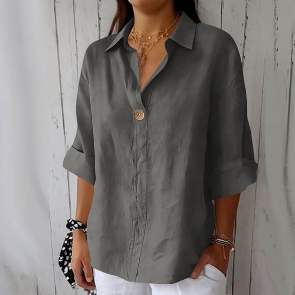 BRGZLK Summer Linen Shirts for Women Solid Color Casual Loose Turn Down Collar 3/4 Sleeve Linen V Neck Top Comfy Breathable Basic Tunic Tops 2026 Dark Gray S