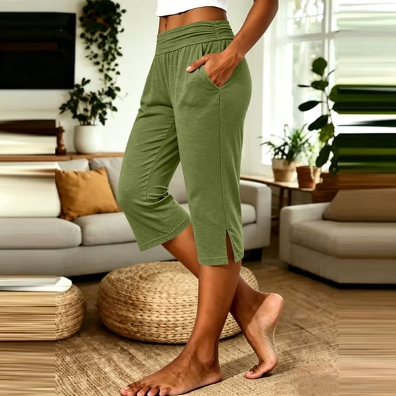 Abomasnwo Women's Capri Pants High Waisted Stretchy Cropped Pants Lounge Straight Leg Side Split Yoga Pants with Pockets