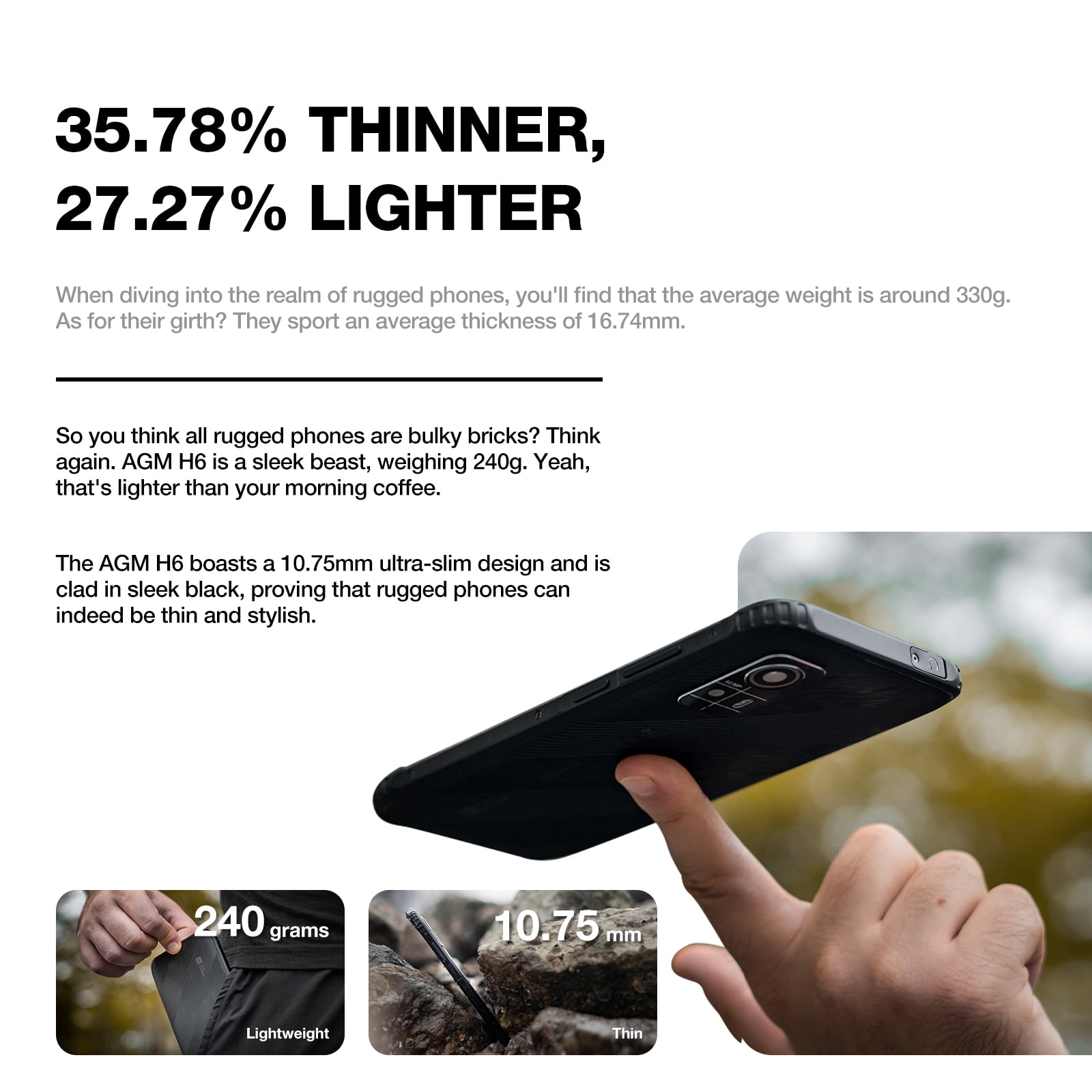 AGM H6 Lite Rugged unlocked cell phones, Ultra-Thin 10.75mm, Rugged Smartphone, 16GB RAM (4+4) + 128GB ROM, Android 13 T-mobile Phone, 6.56-inch 90Hz Display, IP68/IP69K, 4G Double SIM/NFC/GPS