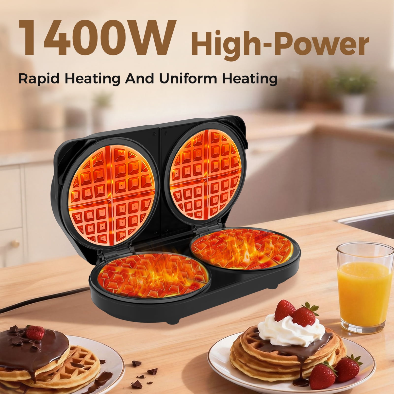 OSTBA Double Waffle Maker, 1400W Belgian Waffle Maker, 6 Inch Waffle Iron with 2 Independent Adjustable Temp Knobs & Indicator Lights, Easy-Clean Nonstick Plates, Stainless Steel, Black