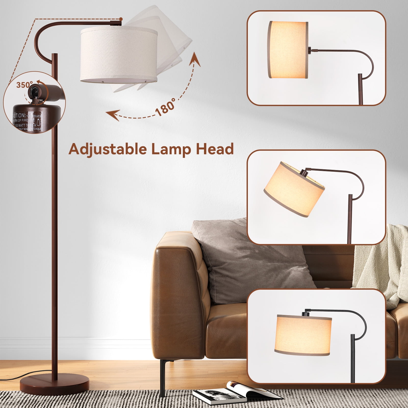 SUNMORY Arc Floor Lamps for Living Room, Dimming Standing Lamp with Linen Shade, 63" Tall lamp with 3 Color Temperature LED, Metal Modern Floor Lamps for Bedroom, Office, Bulb Included, Brown