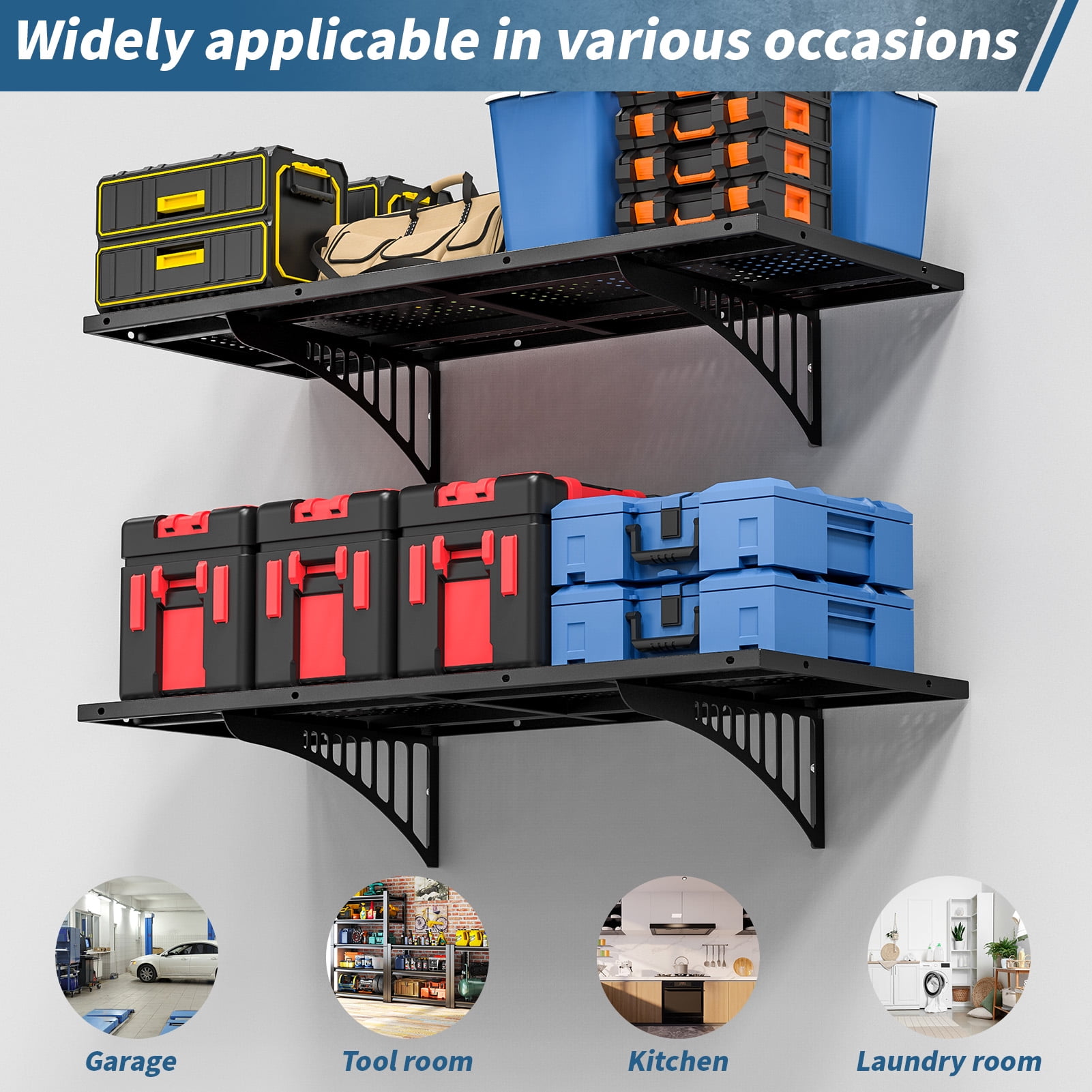 Hyasfey 2 Pcs 1.5 x 3.6 FT Garage Wall Shelving, 530 lbs Load Capacity, Heavy Duty Wall Mounted Floating Shelves, Adjustable Metal Garage Storage Rack