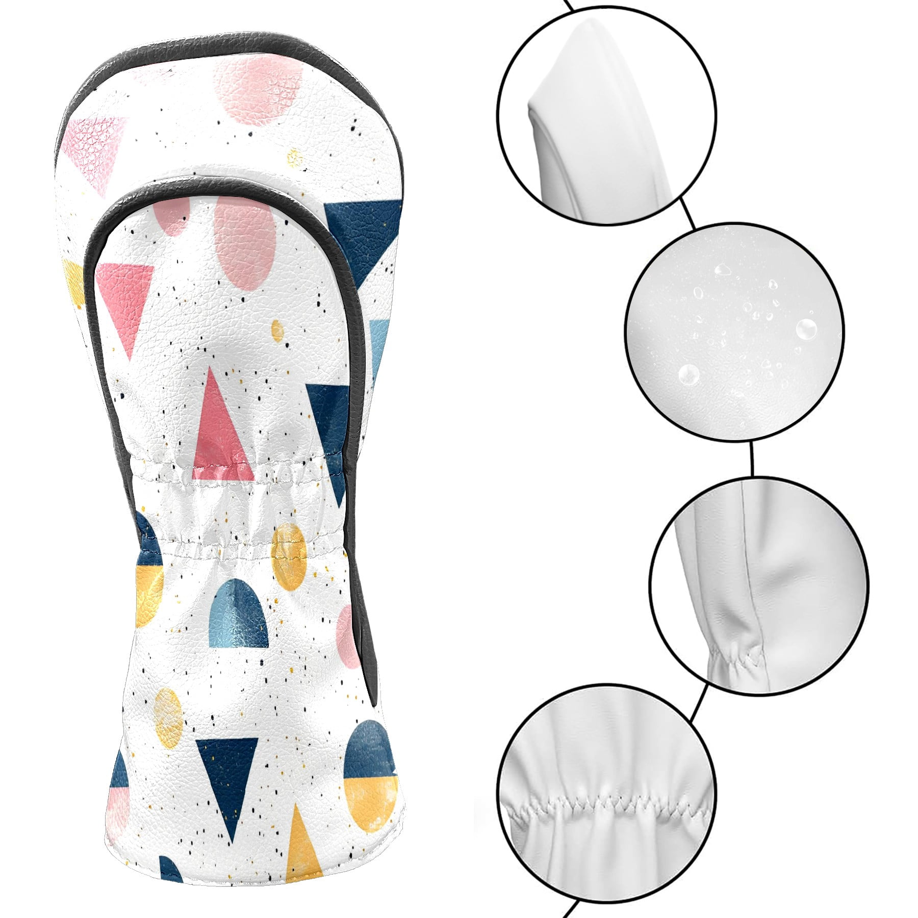 Golf Club Covers, White Colorful Geometry Premium PU Leather Driver Hybrid Putter Head Covers with Velvet Lining, Waterproof Golf Gifts for Men Women