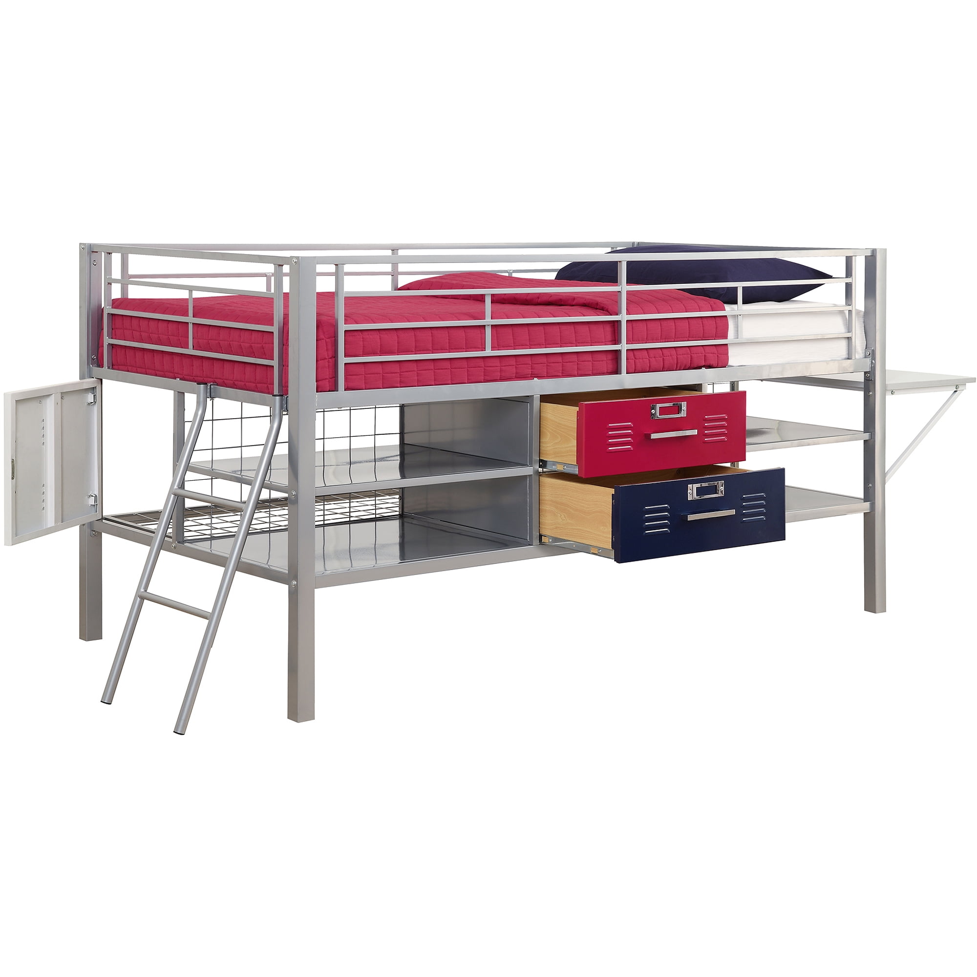 junior twin locker loft with shelves and storage, red/blue junior twin locker loft with shelves and storage, red/blue