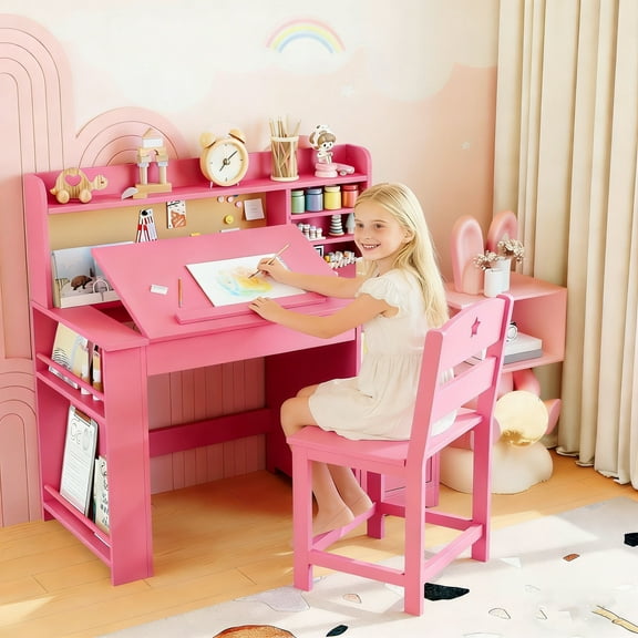 Kids Study Desk & Chair Set with with Tiltable Desktop, Wooden Student Writing Table with Storage Cabinet for 3-8 Years, Pink