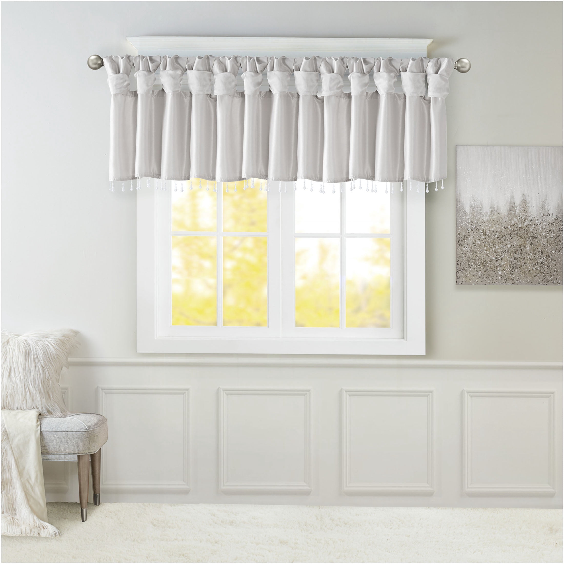 JERFIT Silver Faux Silk Window Valance with Beaded Trim, 50x26 Inch Lightweight Polyester Valance for Kitchen & Living Room