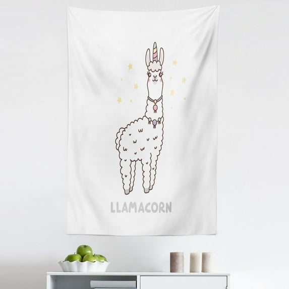 Llamacorn Tapestry, Fantasy World Creature Typographic Funny Unicorn Cartoon Style Art, Fabric Wall Hanging Decor for Bedroom Living Room Dorm, 5 Sizes, White Multicolor, by Ambesonne