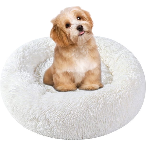 Cama redonda para gatos y perros (50 cm, blanca), cojín de felpa, cesta suave con forma de dona para gatos y perros pequeños y medianos.