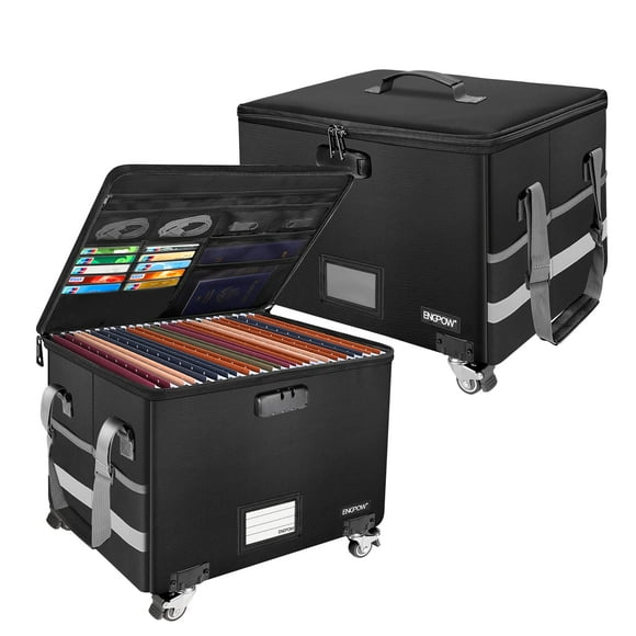 ENGPOW Fireproof Document Box with Wheels, Collapsible File Box with Lock, Rolling File Storage Organizer Filing Cabinet with Pockets, Portable Home