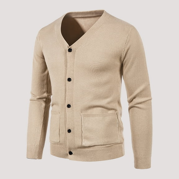 YODETEY Autumn and Winter Men'S Leisure Slim Fit V-Neck Collar Cardigan Sweater Coat Beige 8(XL)