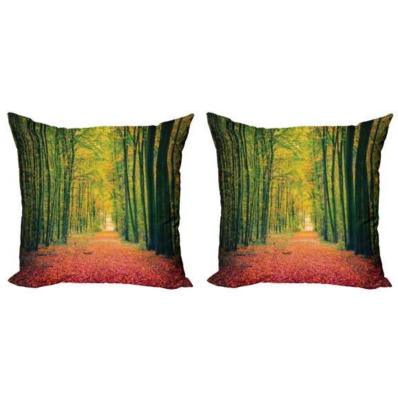 Ambesonne Fall Throw Pillow Cover 2 Pack, Warm Autumn Dramatic Road, 24", Green