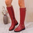 thumbnail image 3 of HEWUQI Women's Knee High Boots Leather Round Toe Adjustable Buckles Strap Winter Shoes Side Zipper Fall Flat Motorcycle Booties Brown Size 9, 3 of 7