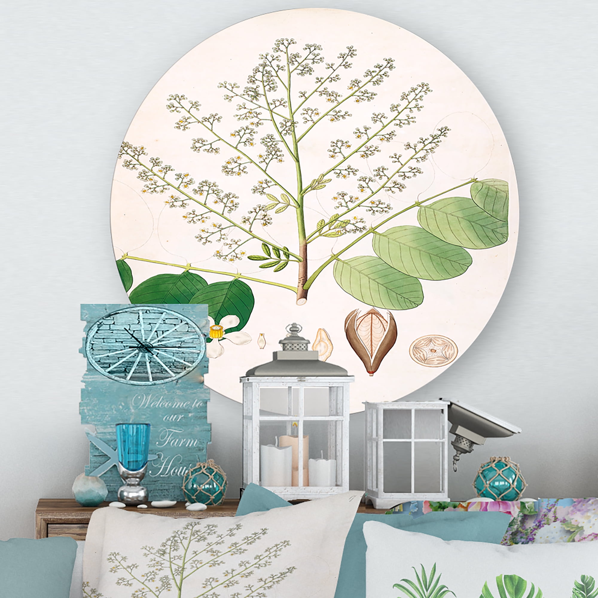 Designart 'Ancient Botanicals XVI' Farmhouse Circle Metal Wall Art 11x11 - Disc of 11