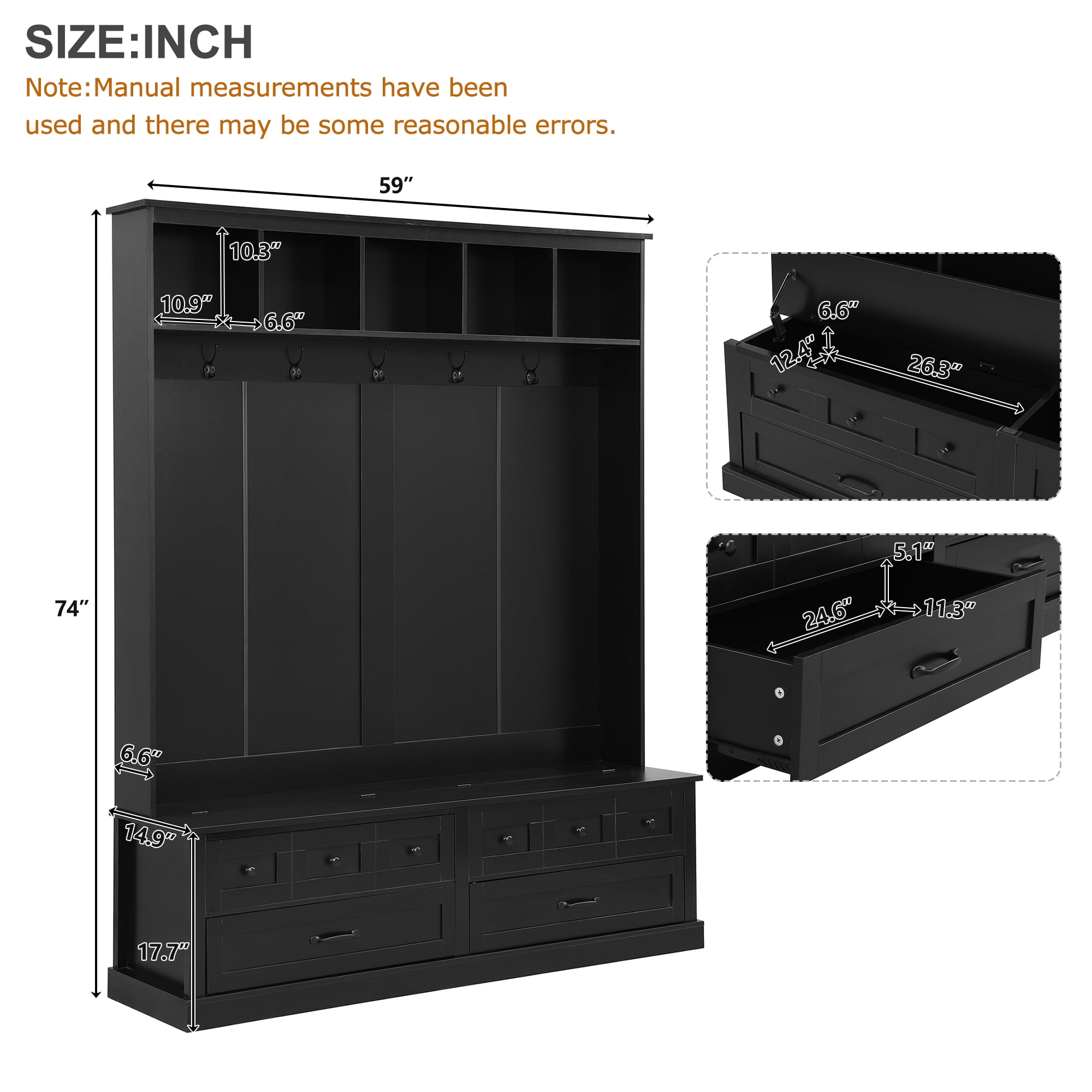 Euroco Elegant Wide Hall Tree with 5 Hooks, Lift-Top Storage Bench with 2 Drawers, Retro Wooden 3-in-1 Coat Rack with Black Handles for Entryway, Mudroom, Living Room