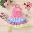 thumbnail image 3 of PEASKJP Toddler Baby Girls Rainbow Dress Cotton Linen Halter Sleeveless Smocked Dress Beach Holiday Dress Pink, Sizes 80, 3 of 4