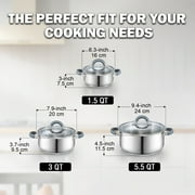 Cook N Home Basics Stainless Steel Cookware Set with Glass Lids, Heavy Duty Pots and Pans Set, Stay-Cool Silicone Handles, Induction Compatible, 6-Piece