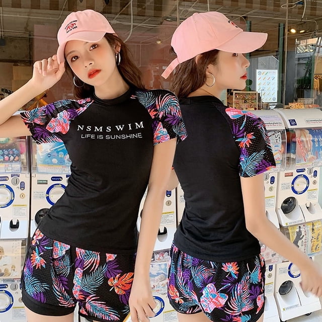 Traje de baño femenino estudiante coreano traje de baño dividido conservador de ángulo plano traje de baño de manga corta de dos piezas