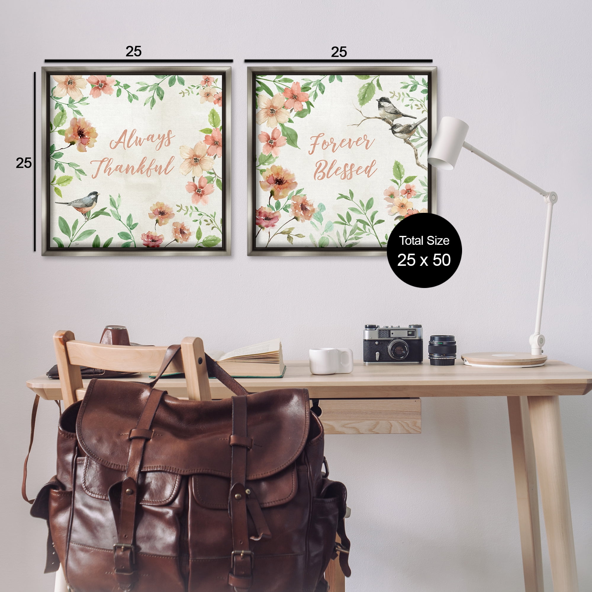 Stupell Industries Always Forever Bird Plants & Flowers Painting Gray Floater Framed Canvas Art Print Wall Art, 25 x 25, Set of 2