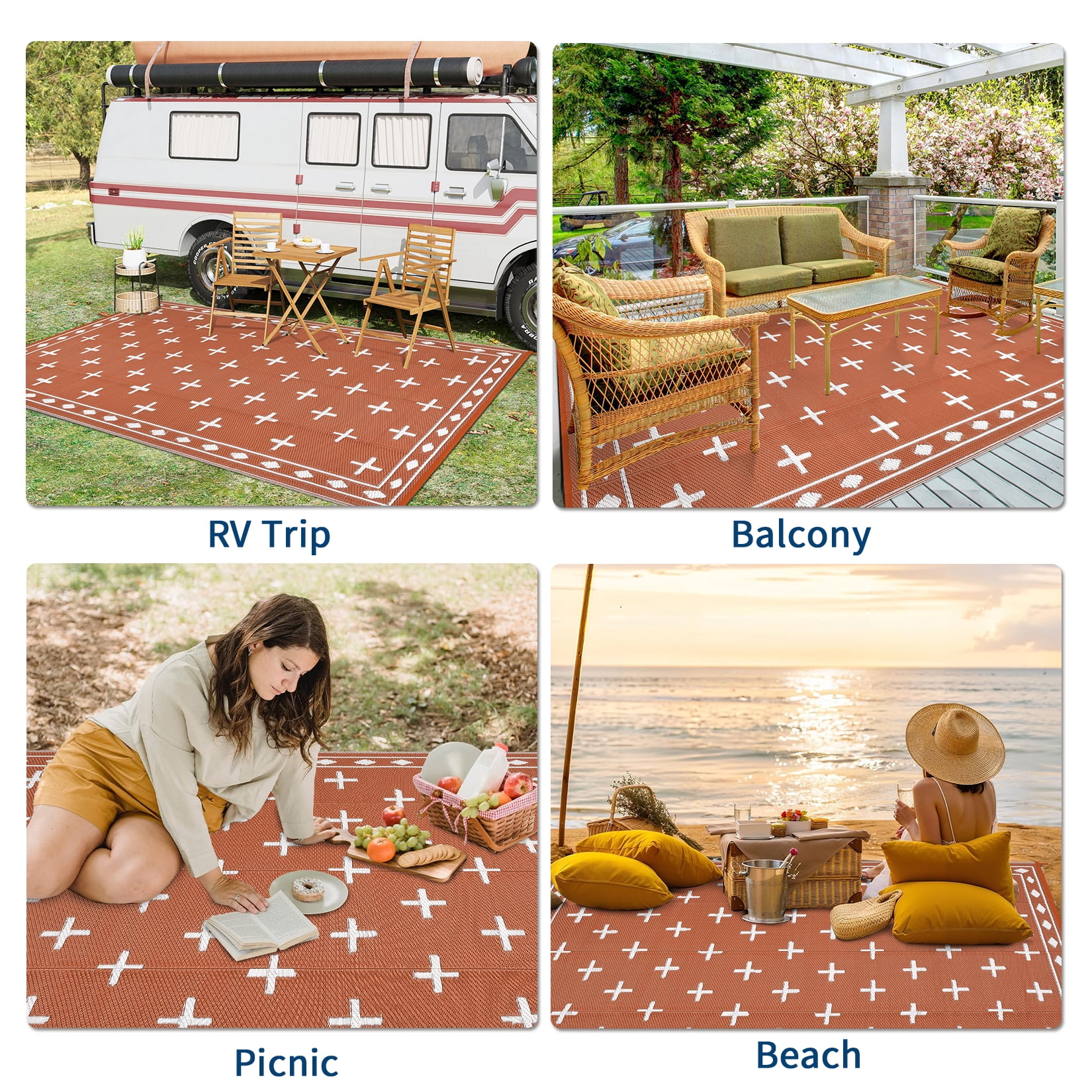COZONY 9'x18' Outdoor Rug, Reversible Waterproof Plastic Straw Patio Mat, Large RV Camping Rug with Geometric Design for Deck, Bangeyard, Beach