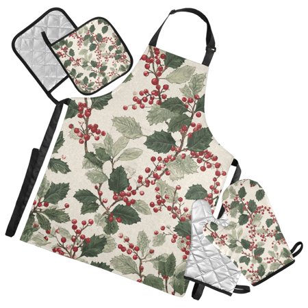 Holly Leaves with Berries Christmas Vintage Apron Set with Oven Mitts Pot Holders Set of 5 Kitchen Stuff Accessories