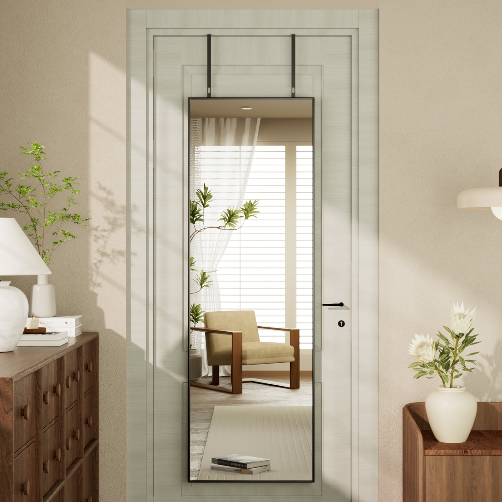 Anyrose 50"x16.3" Full Length Door Mirror Wall-Mounted Mirror with Metal Frame, Black