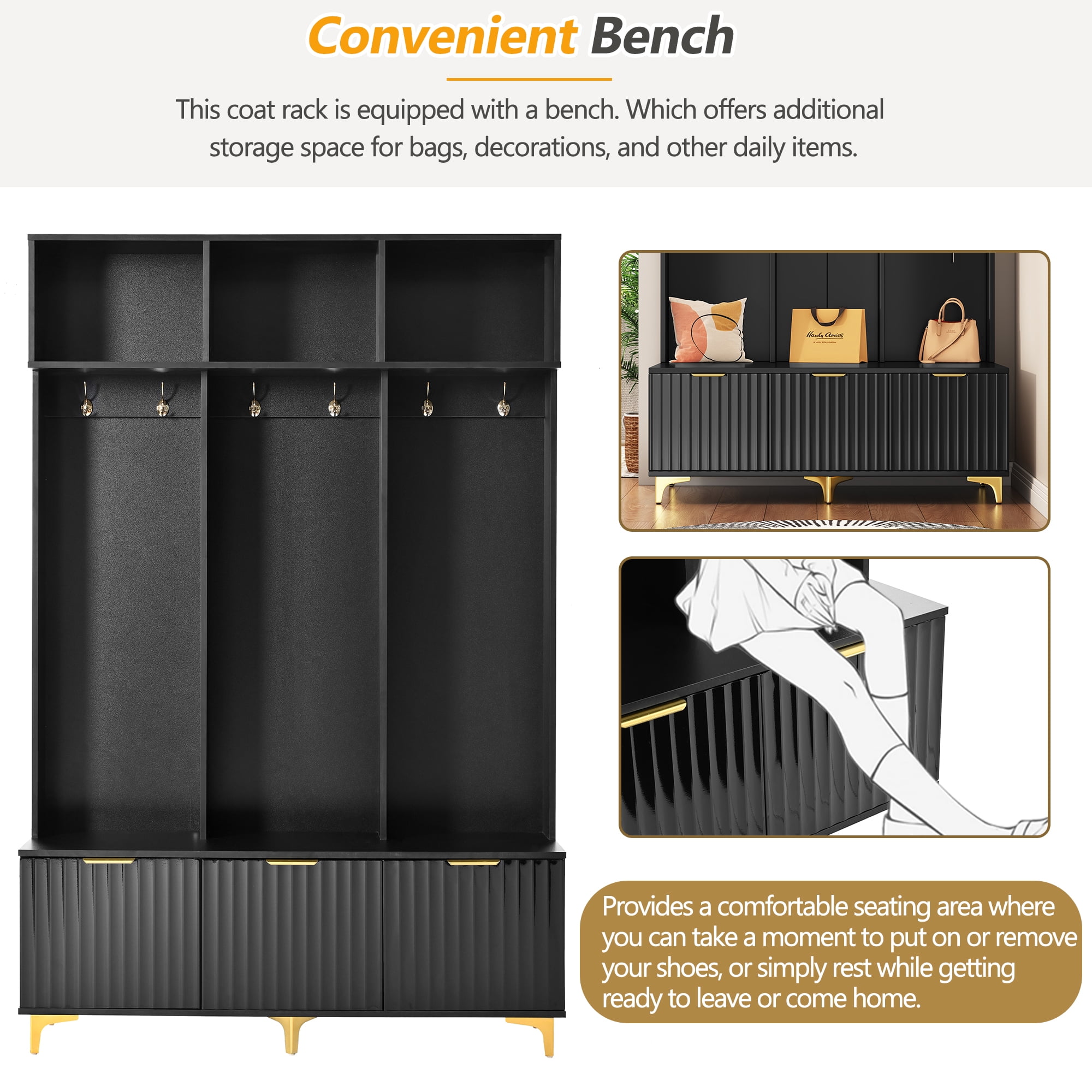 MAYEERTY Large Storage Hall Tree: Bench, Fluted Doors, 6 Gold Hooks, for Entryway, Living Room, White