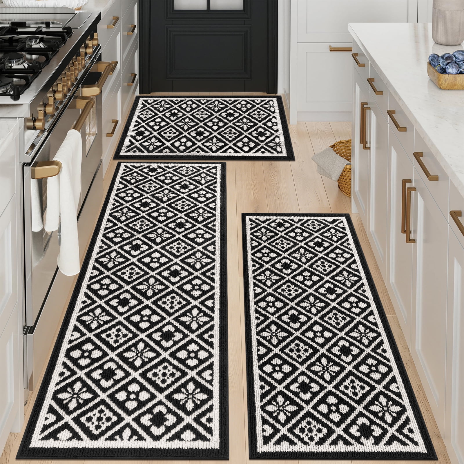 Vaukki Farmhouse Kitchen Rugs Sets of 3, Non Slip Kitchen Floor Mats Washable Kitchen Runner Rug, Black