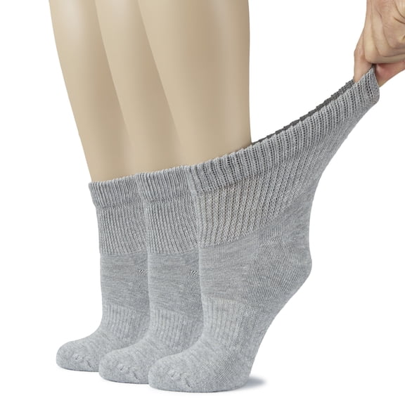 HUGH UGOLI Women's Cotton Diabetic Ankle Socks, Wide, Loose & Stretchy, Seamless Toe & Non Binding Top, Semi Cushion, 3 Pairs, Light Gray, Shoe Size: 9-12