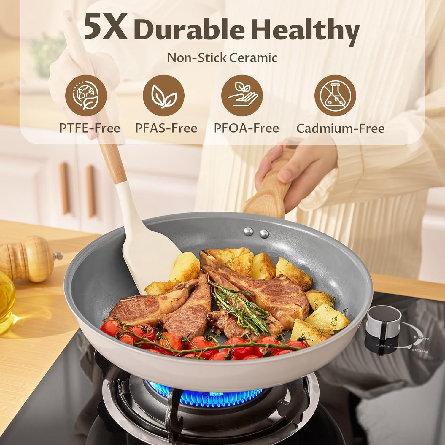 Non Stick Frying Pans Set, 3 Pieces Ceramic Frying Pan, Molecular-bonded Induction Base, Kitchen Chef's Pan, Omelet Pans, PFAS/PTFE , Compatible with All Stovetops