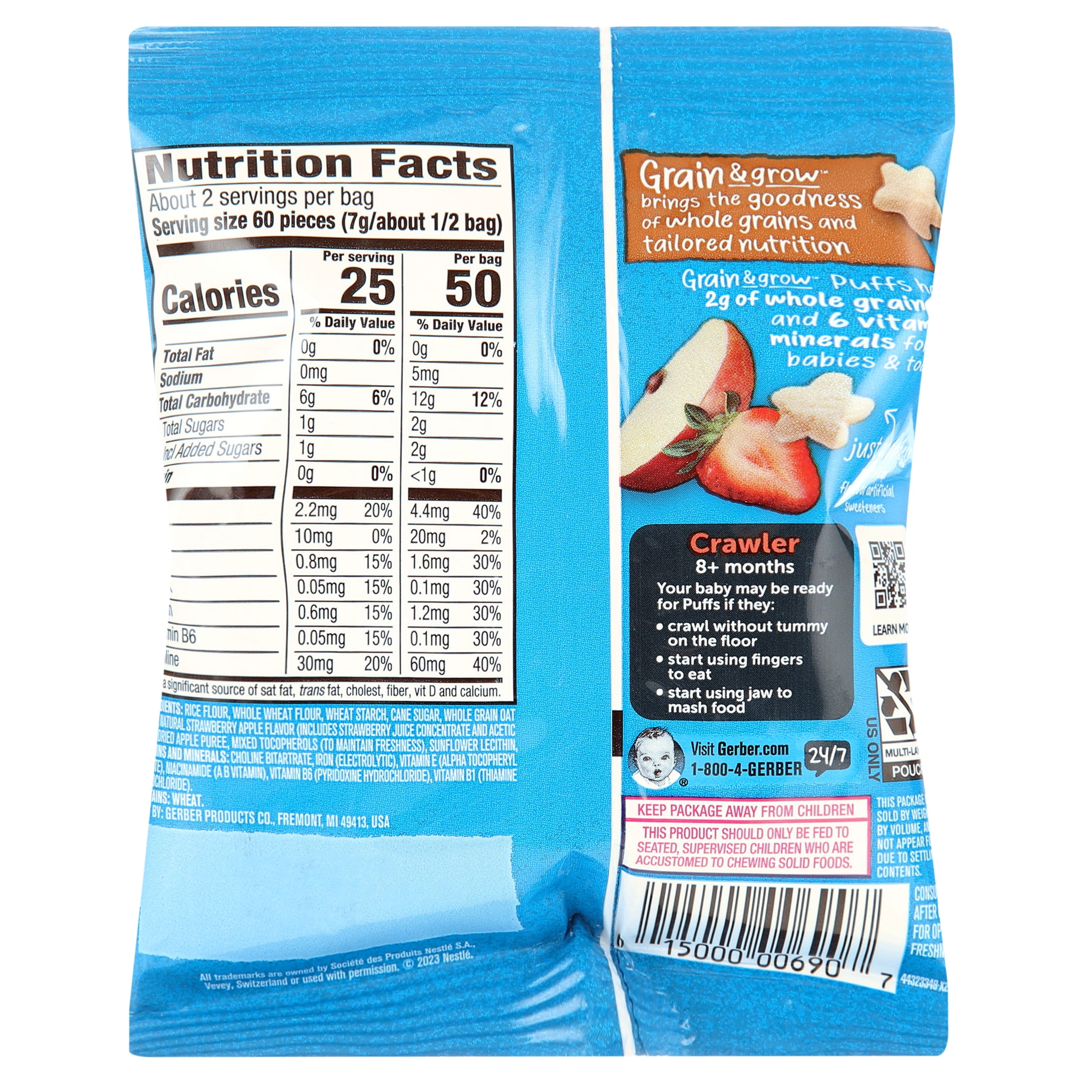 (3 pack) GERBER SNACKS FOR BABY GRAIN AND GROW Puffs To Go Strawberry Apple 6oz 12pieces Individually Serve Packets