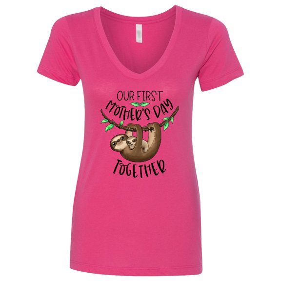 Inktastic Our 1st Mother's Day Together Cute Mom and Baby Sloth Women's V-Neck T-Shirt