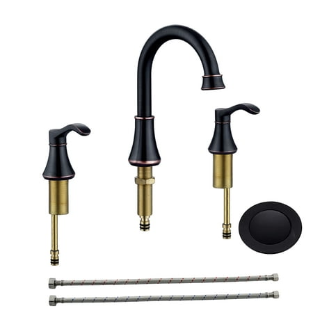 

3 Hole Widespread Bathroom Two Handle Kitchen Faucets Hot & Cold Water Mixer Basin Sink Faucets Ceramic Valve High Arc Water Tap with Drain Stopper Hoses