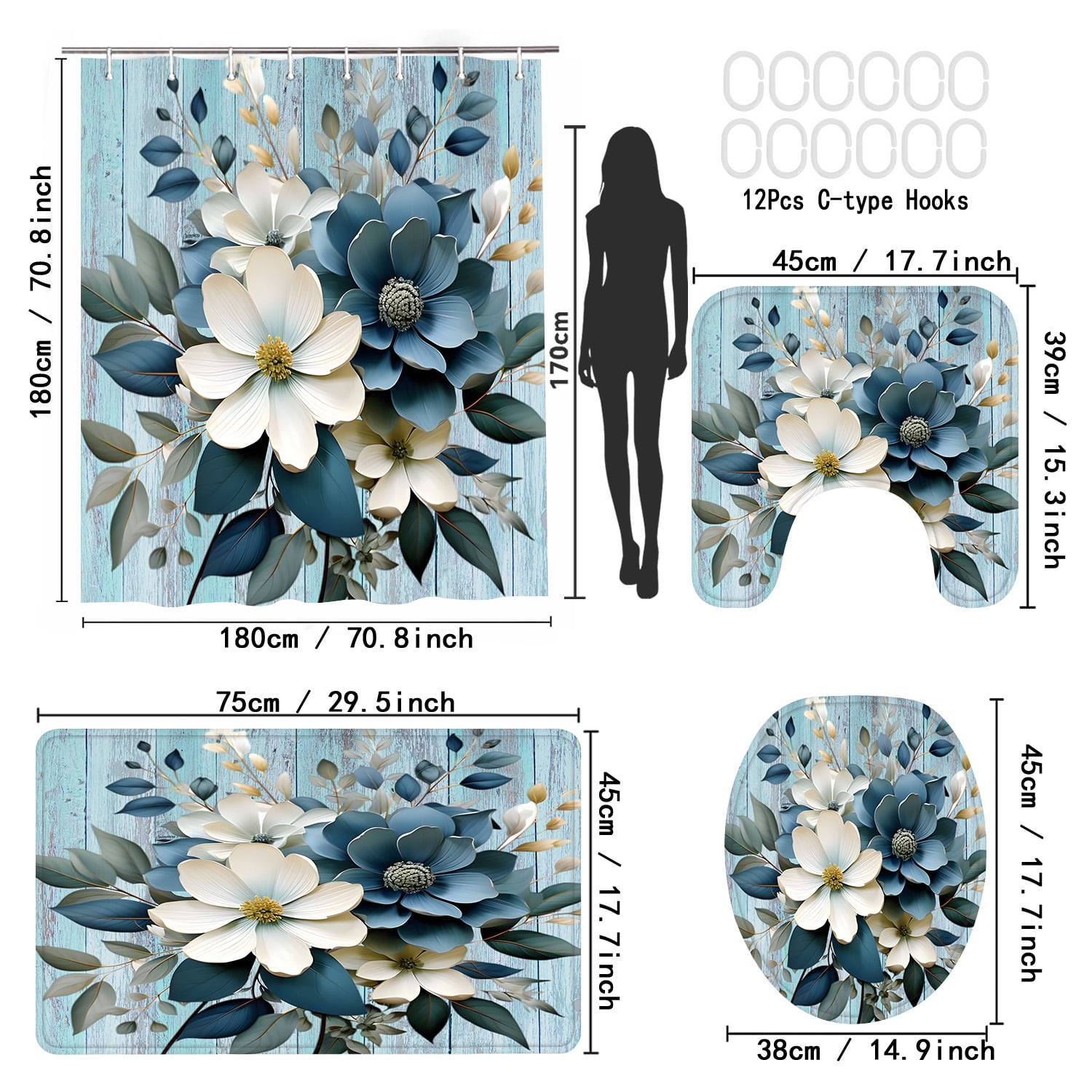 LVRLVR 1/4 Teal Floral & Distressed Blue Wood Fabric Shower Curtain Rug Set - 3D Flower Bath Mat Bathroom Decoration,Teal, 70.8" × 70.8"