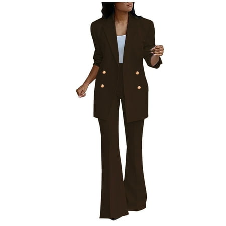 

Womens 2 Piece Outfits Casual Business Blazer with Pants Suits Double-Breasted Long Sleeve Jacket and Flared Pants