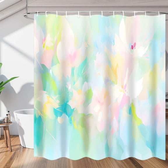 Spring Floral Blossom Oil Painting Shower Curtain, Waterproof Fabric Shower Curtain, Washable Polyester Bath Curtain for Bathroom 36"W X 72"H