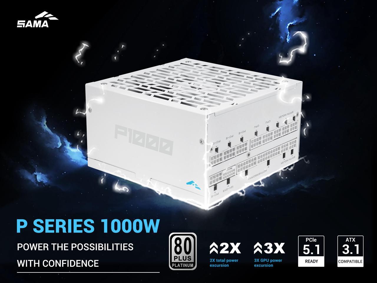 SAMA P1000W ATX 3.1 Power Supply, 1000W, Cybenetics Platinum Standards, PCIE 5.1 Ready, Full Modular, 1000W Gaming PSU, Premium Japanese Capacitor, FDB Fan, White version