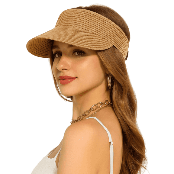 Sun Hats for Women, Foldable Floppy Straw Sun Visor Hats, Ponytail Beach Hats for Women, Wide Brim Breathable Summer Outdoor Hat, Khaki