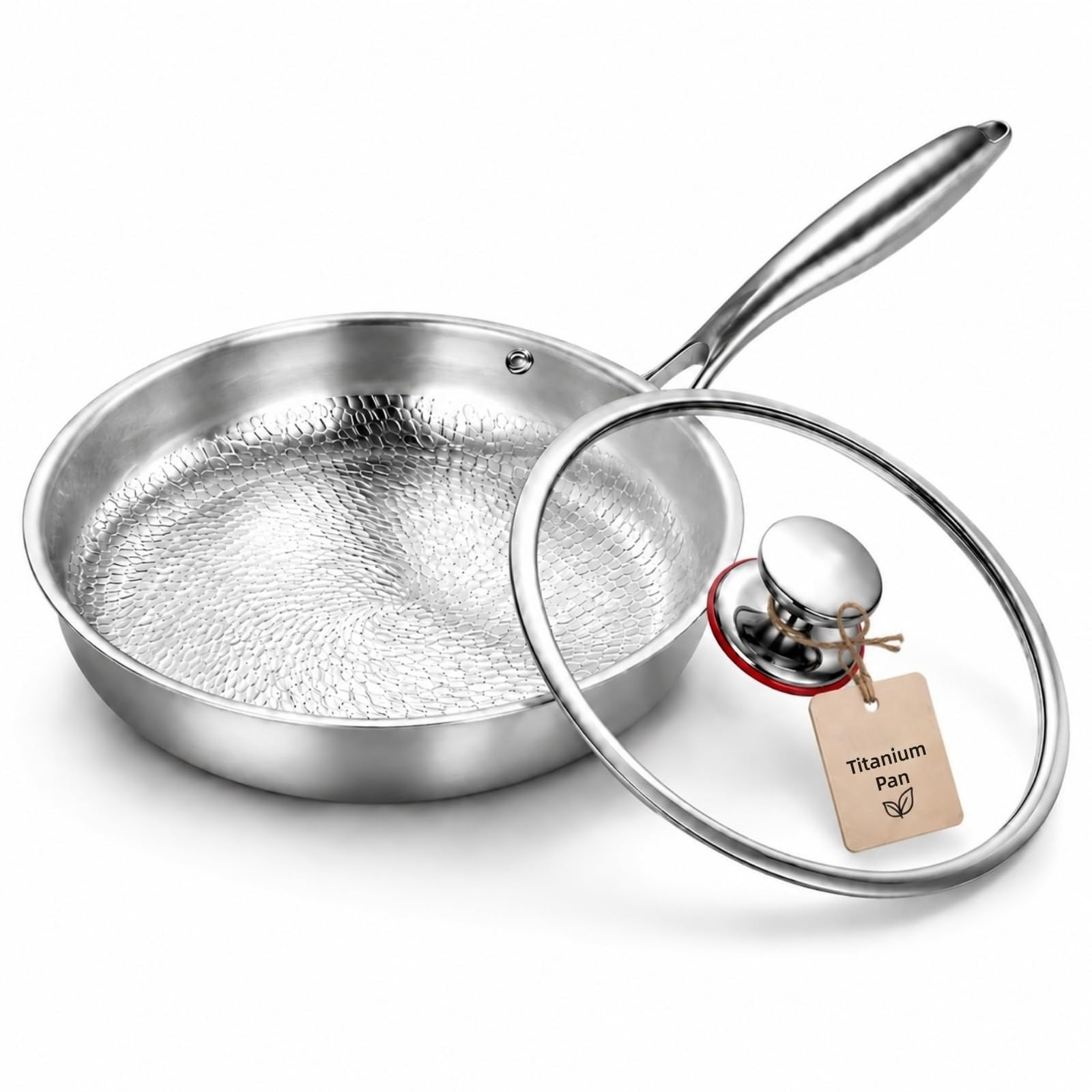 Titanium Pro Pan for Cooking, Pure Titanium Frying Pan with Lid, Uncoated Hammered Cookware Pans, Scratch-Resistant