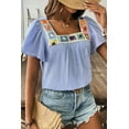 thumbnail image 3 of Women's Sky Blue Stripe Textured Ruffle Short Sleeve Boho Blouse | [ZhiHiMeRi] | (US 12-14)L, 3 of 12