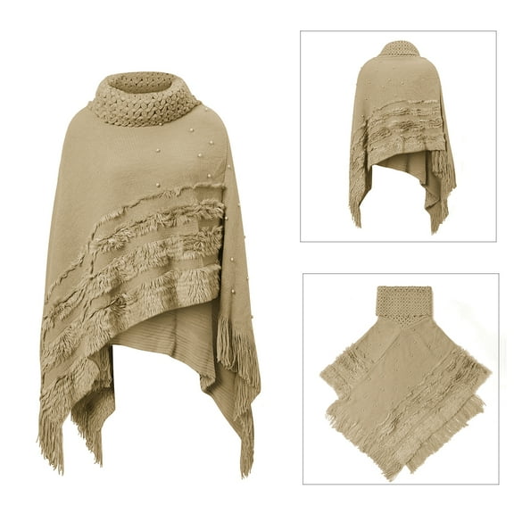 Women Poncho with Tassels Knitted Shawl Fringed Wrap Sweater Pullover Turtleneck Cape